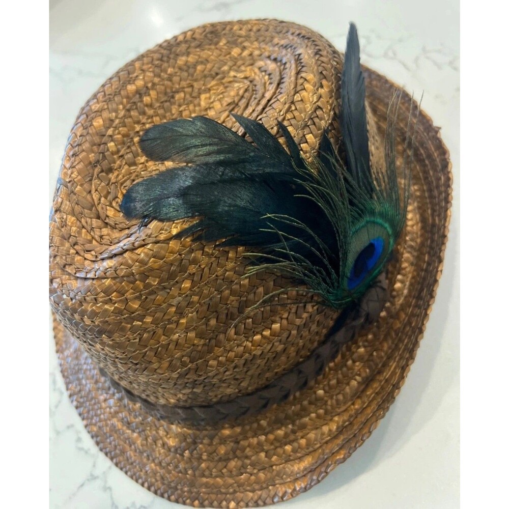 Brown Bronze M/L Rare Woven Straw Accent Peacock Feather Fedora Hat Braided Band